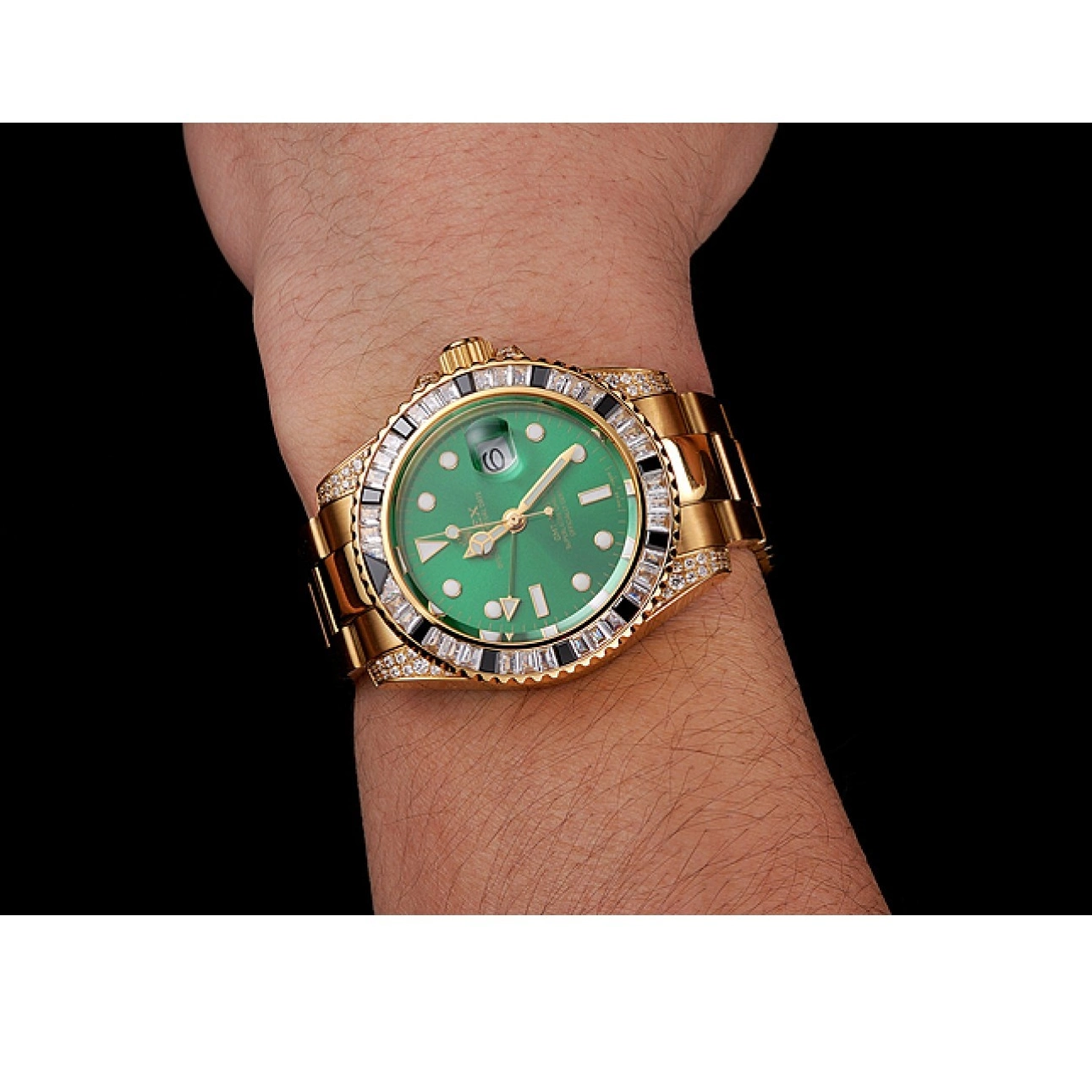 Best AAA Replica Sites Rolex 1453748 Gold Bezel Bracelet GMT Swiss Master Green Set And Case Stone II Dial 0528